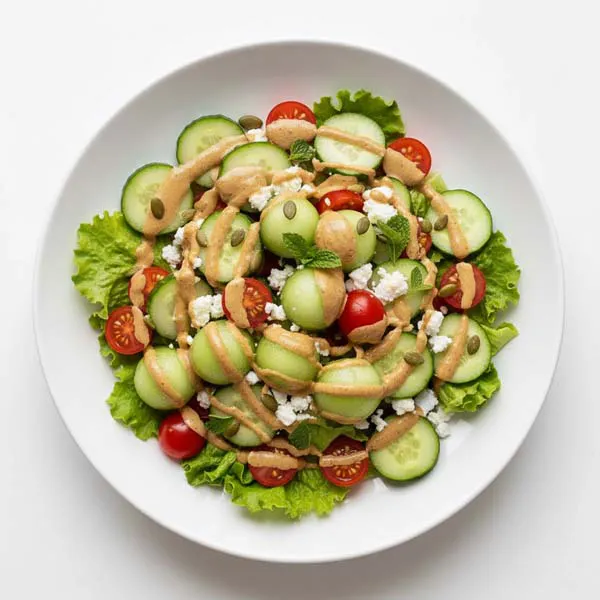 Fresh Honeydew and Cucumber Salad with Feta Cherry Tomatoes and Maple Pumpkin Seed Dressing
